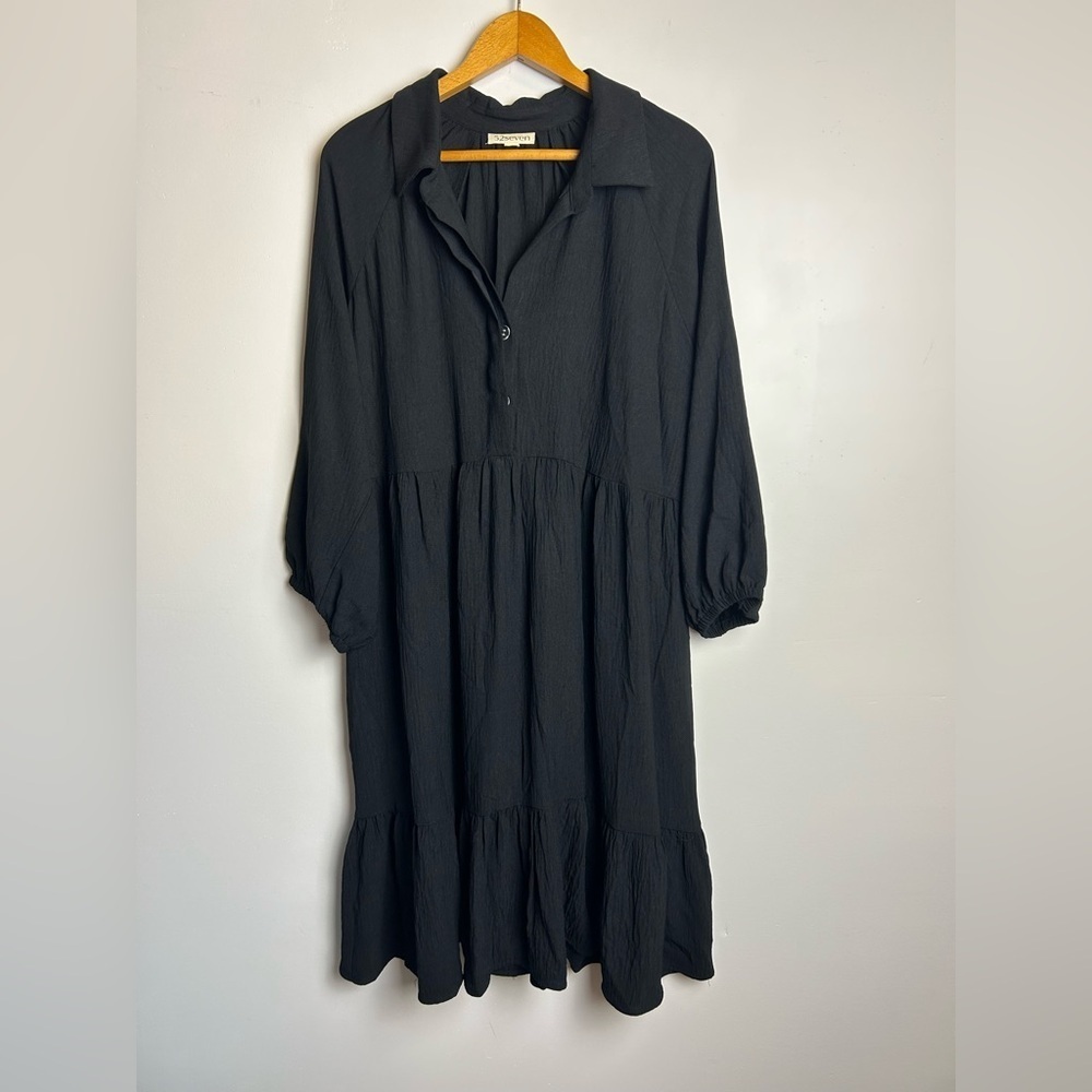52Seven MIDI Dress Women 3X Black Button-Up 3/4 Sleeve Flare Old Money Comfort